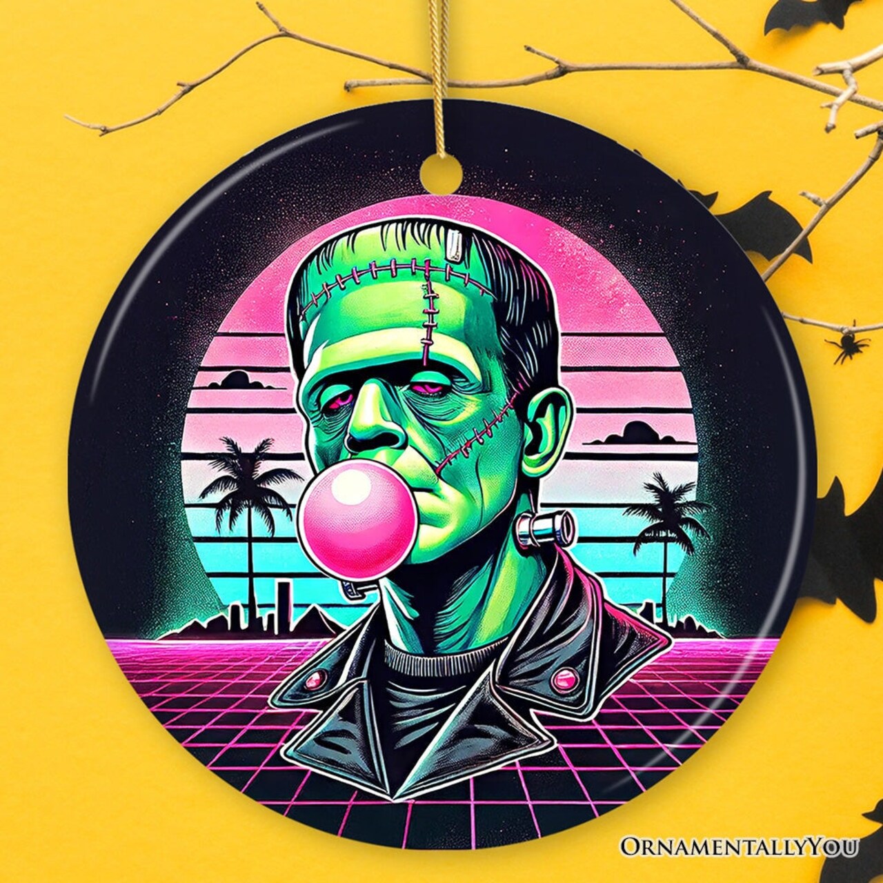 Vaperwave Frankenstein Retro Neon Horror Ornament, Synthwave 80's Styled Classic Halloween Gift and Decor